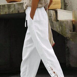 White Boho Women's Patchwork Elastic Waist Slant Pocket Straight Leg Pants